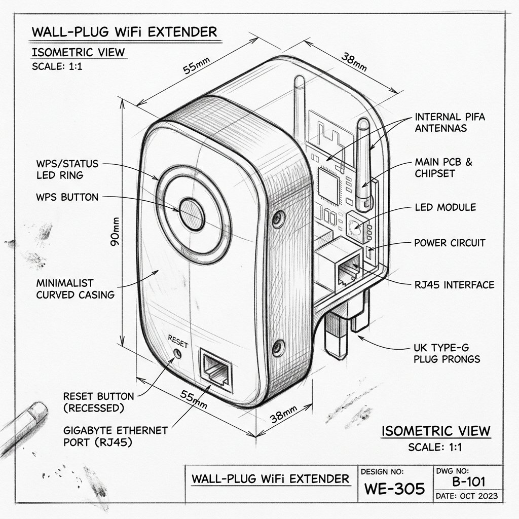 Compact internal-antenna booster blueprint with WPS button and reset port for Macard N300