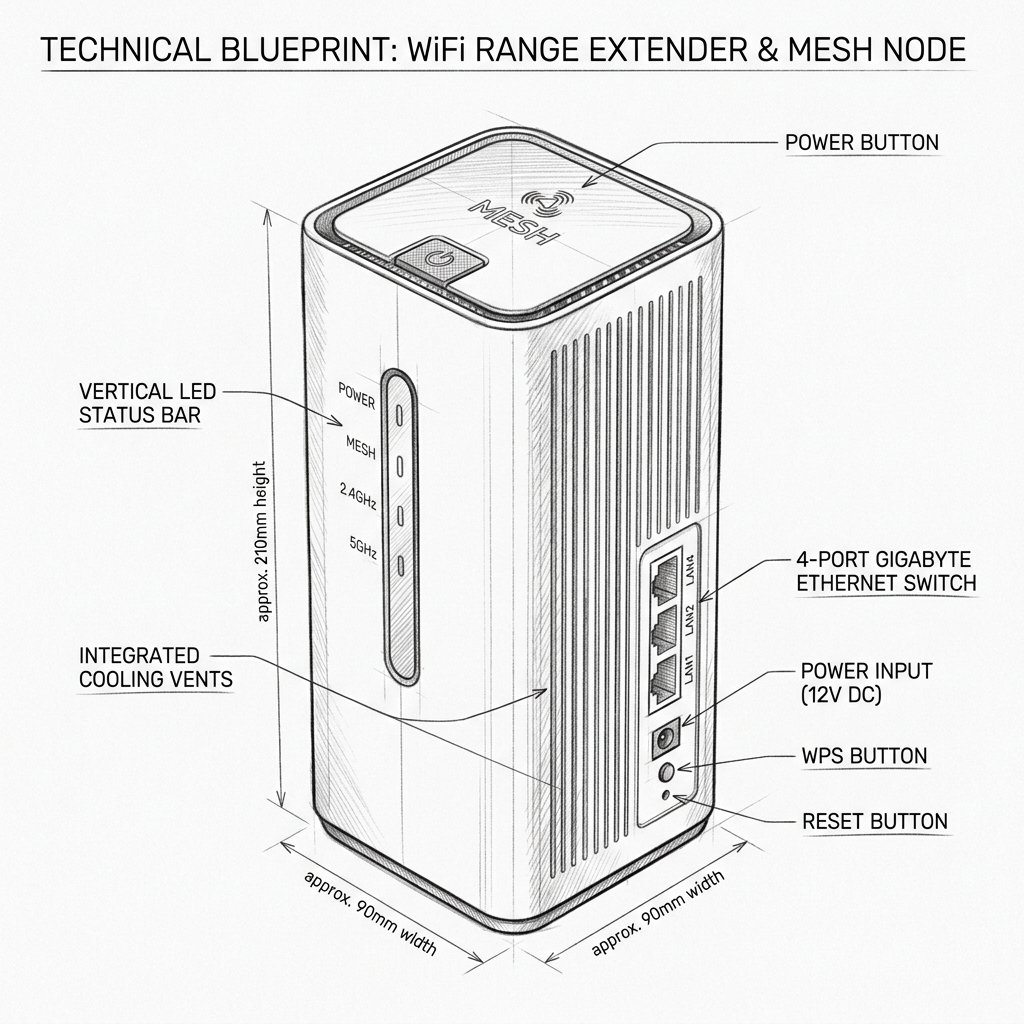 Desktop high-gain tower extender diagram with multi-port switch for Ubiquiti AmpliFi AmpliFi HD MeshPoint (AFi-P-HD)