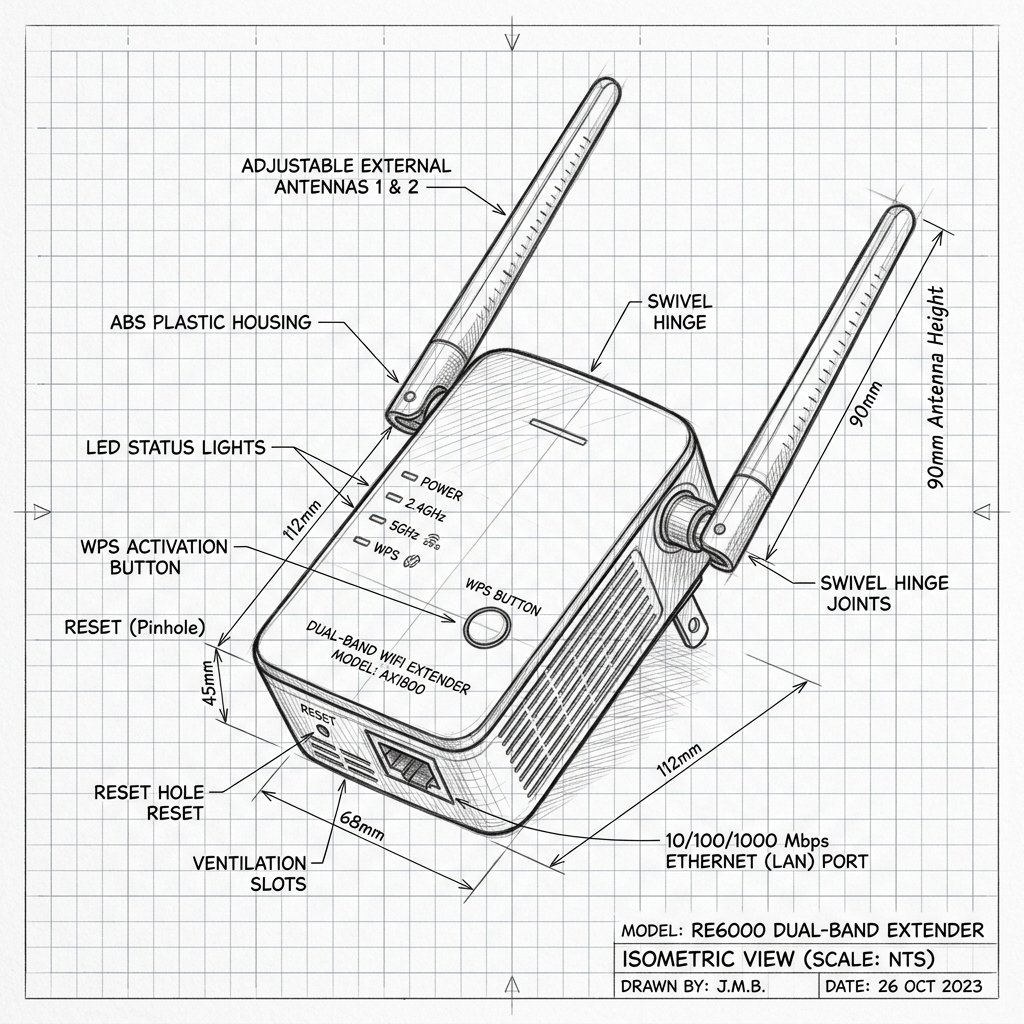 Dual-antenna wall-mount WiFi extender technical sketch and port diagram for TP-Link RE605X