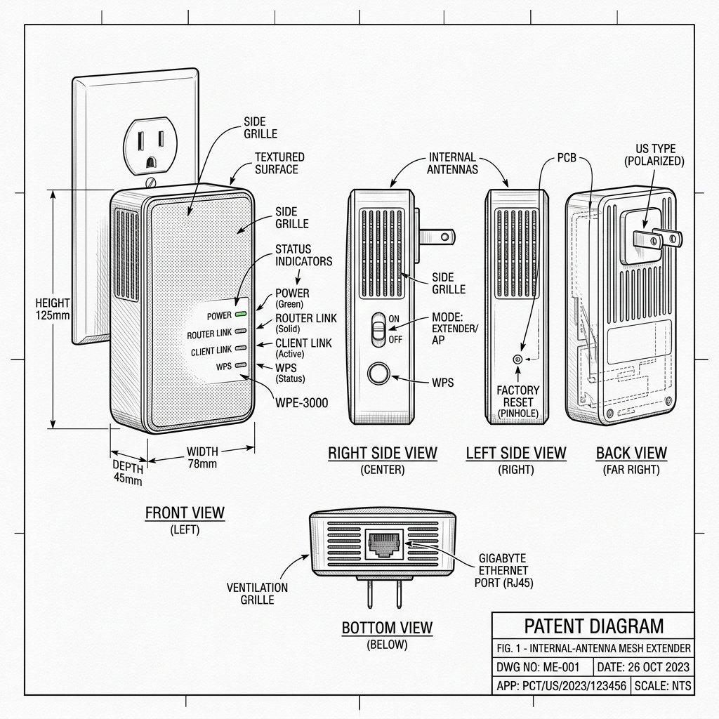 High-power wall-plug WiFi mesh extender blueprint with internal antenna array and LED panel for Netgear EXS27