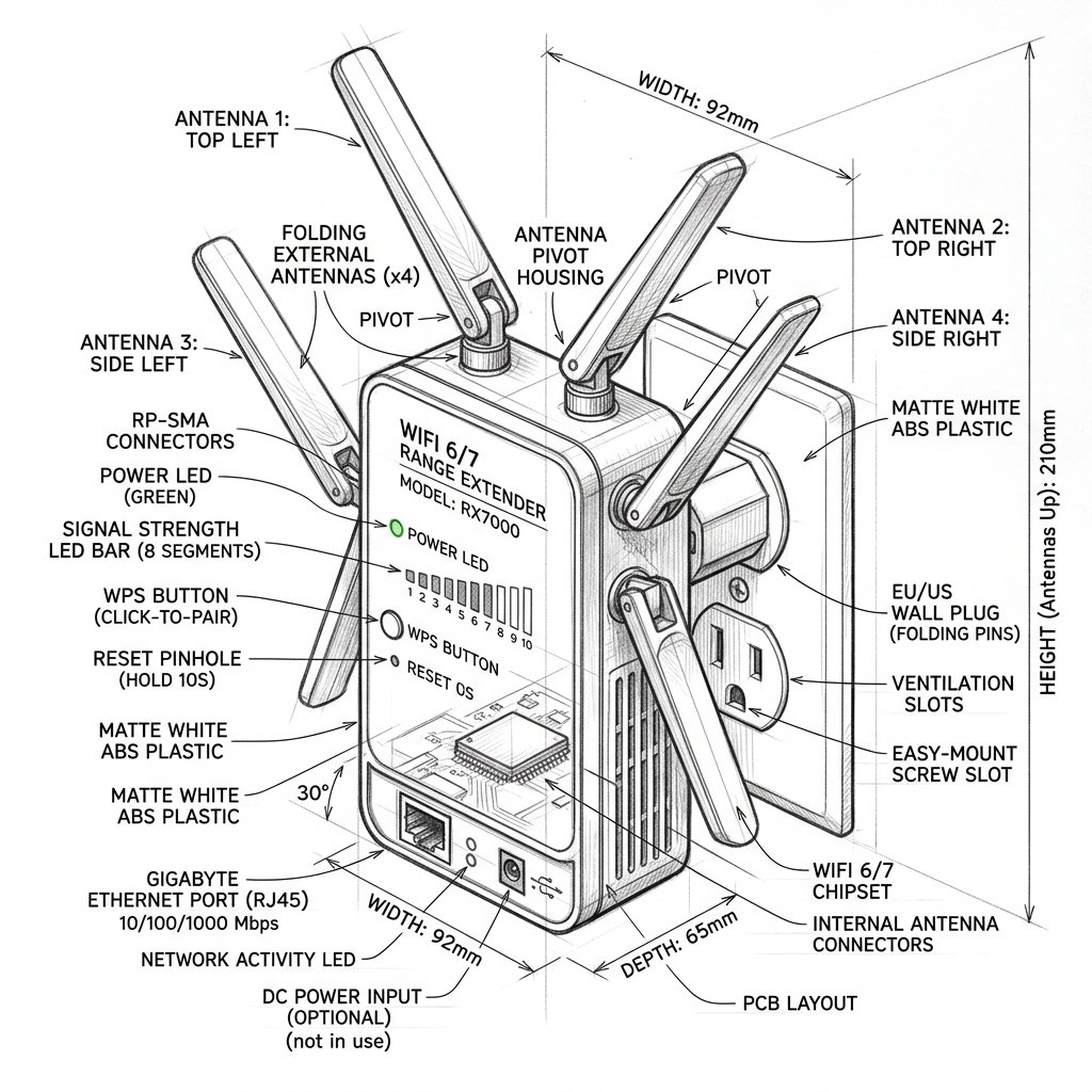 4-antenna high-gain wall-plug extender blueprint with LED status panel for TP-Link RE705X